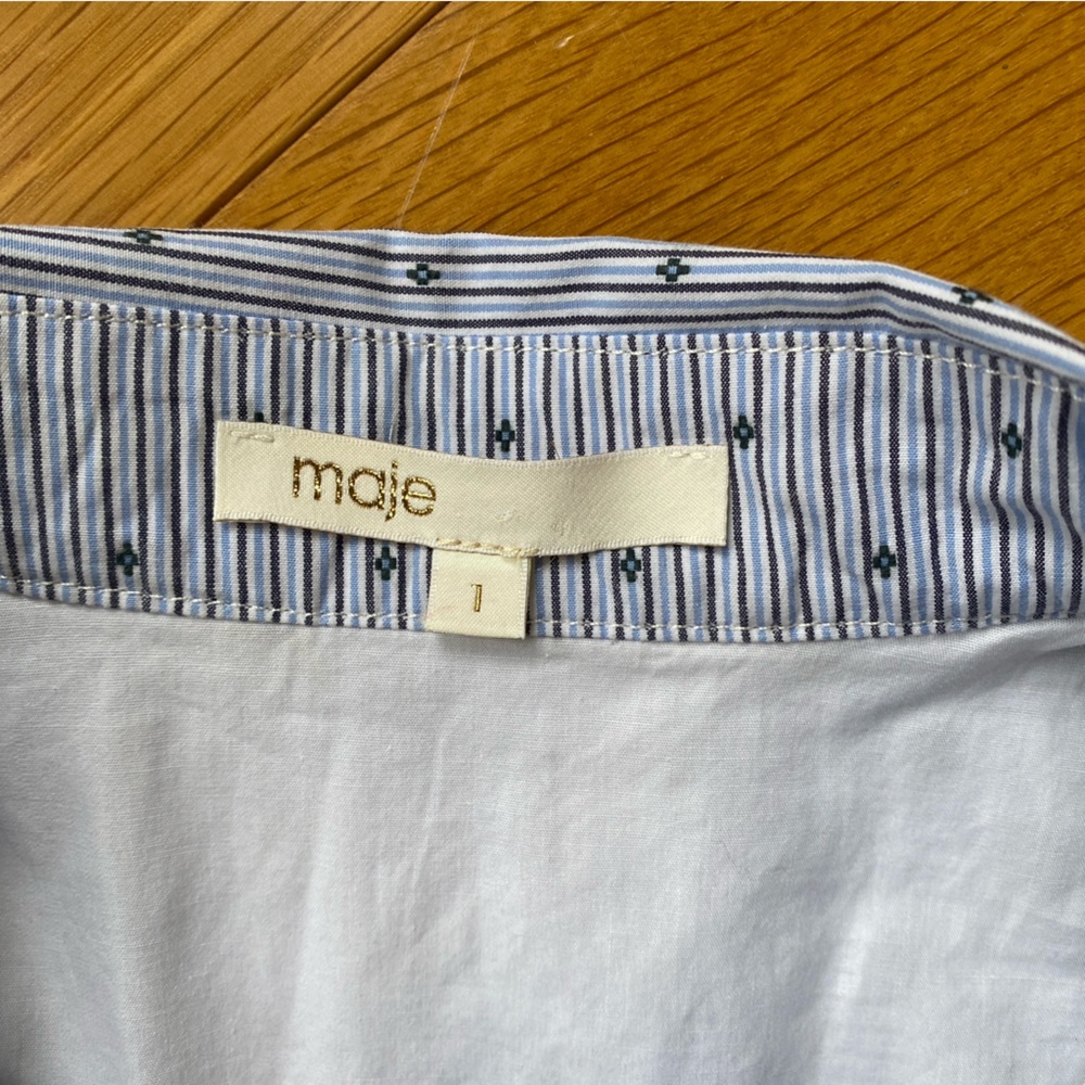 Maje E18RELINO BLEU Blue White Striped Embroidered Belted Dress Size 1 or Small - Picture 6 of 8